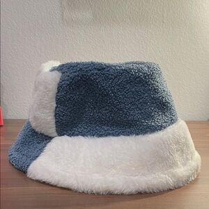 Blue and White Bucket Hat with Dinosaur Pins